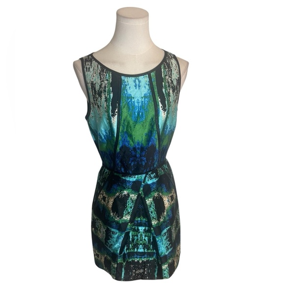Laundry By Shelli Segal Silk Mini Dress Green Blue Watercolor Sz 2 Sheath Party - Picture 1 of 9